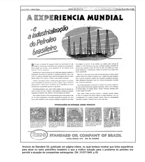 O Estadão pubicava anúncios da Esso contra o projeto de criação da Petrobras