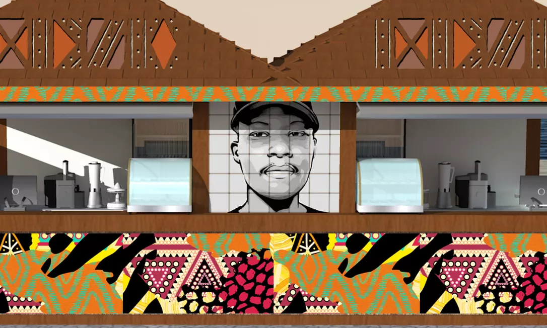 Fachada dos quiosques que serão transformados em memorial em homenagem à cultura congolesa e africana