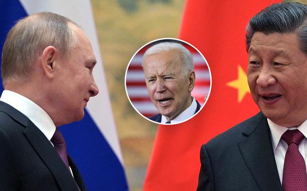Presidentes Vladimir Putin (Rússia), Joe Biden (Estados Unidos) e Xi jinping (China)