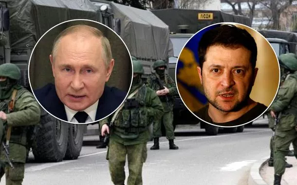 Presidentes Vladimir Putin (Rússia) e Volodymyr Zelensky (Ucrânia) mais tropas russas em solo ucraniano ao fundo