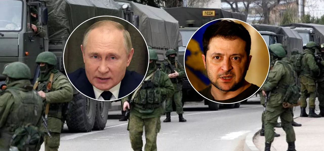Presidentes Vladimir Putin (Rússia) e Volodymyr Zelensky (Ucrânia) mais tropas russas em solo ucraniano ao fundo