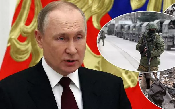 Vladimir Putin e soldados na Ucrânia