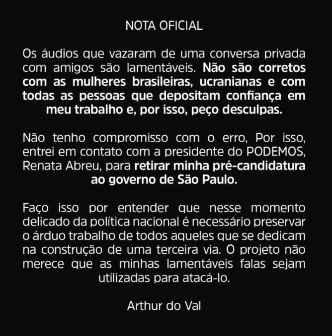 Comunicado em que Arthur do Val anuncia renúncia