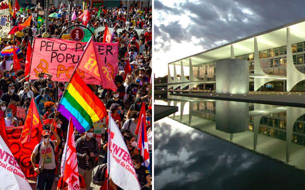 Ato de manifestantes da esquerda e, à direita na foto, o Palácio Planalto, onde fica o gabinete da Presidência da República, em Brasília (DF)