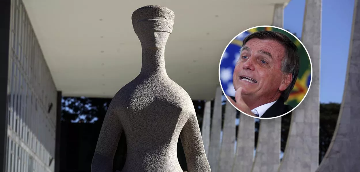 Estátua da Justiça em frente ao prédio do Supremo Tribunal Federal em Brasília e Jair Bolsonaro