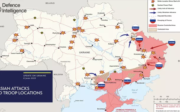 Áreas de ações militares na Ucrânia em 6 de junho de 2022 e a proximidade do conflito às usinas de energia nuclear. Cortesia do Ministério da Defesa do Reino Unido, reprodução autorizada.