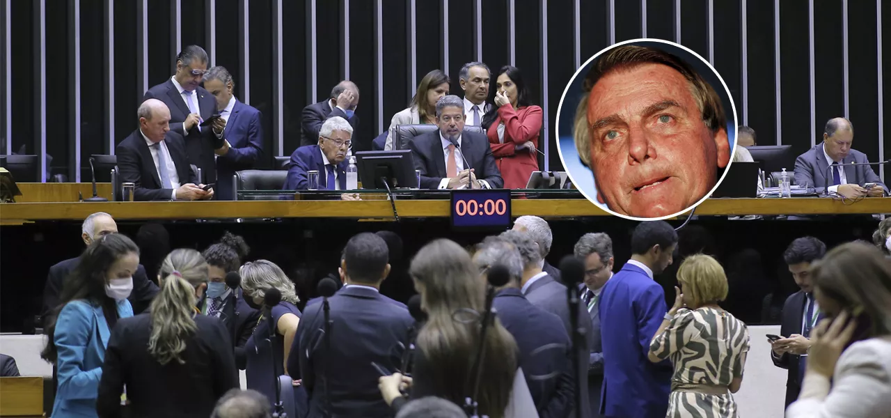 Plenário da Câmara dos Deputados e Jair Bolsonaro no detalhe