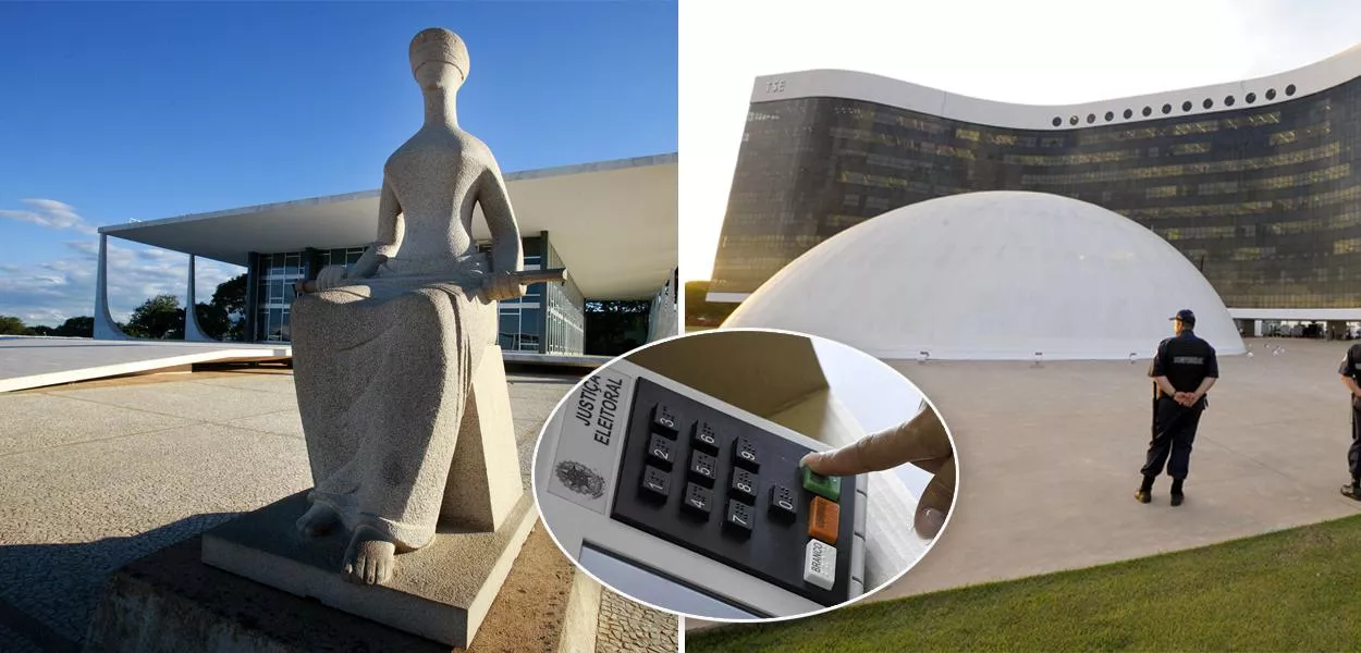 Fachada do STF, urna eletrônica e fachada do TSE