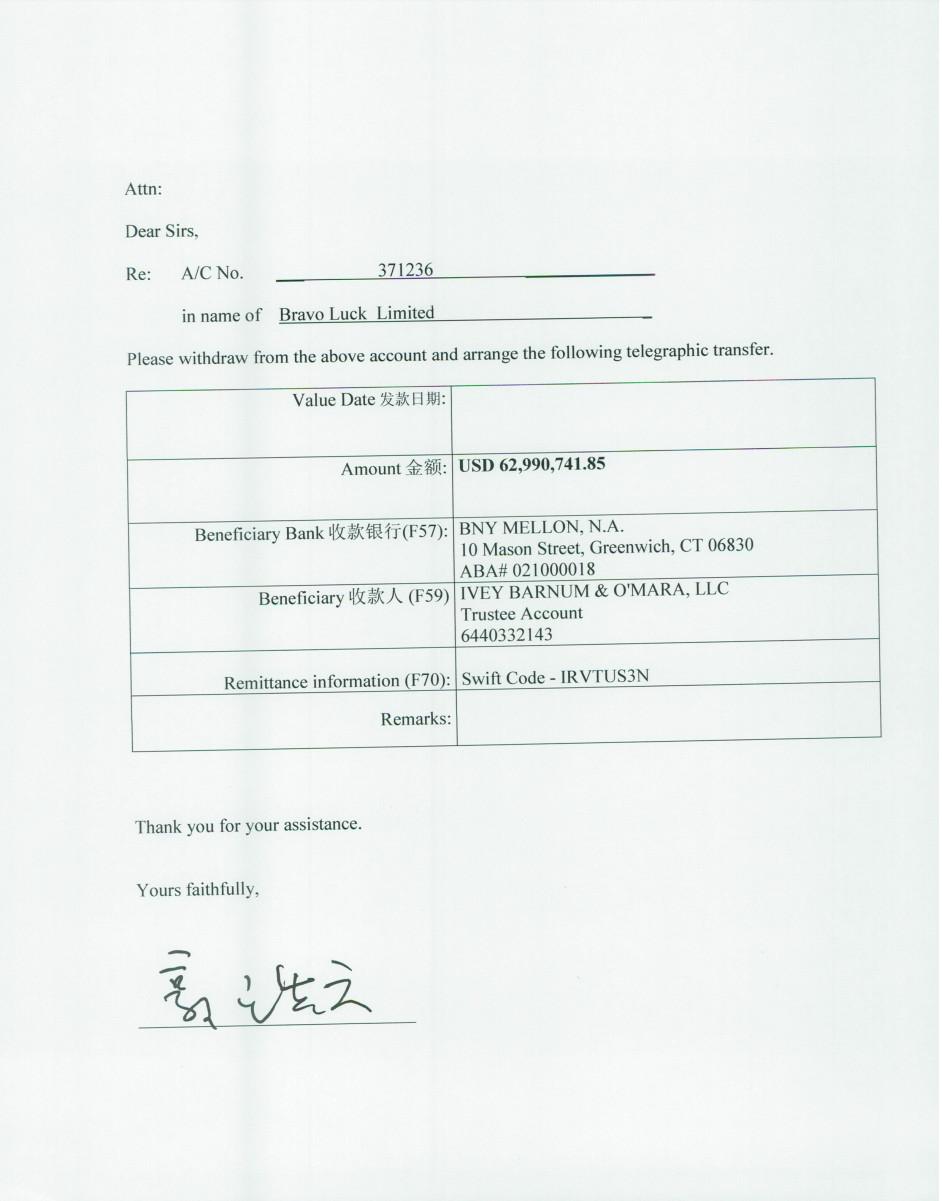 Voucher assinado e autorizado por  Guo Wengui para a transferência de 62.990.741,85 dólares da  Bravo Luck Ltd para a IVEY Barnum & O’Mara LLC DWF LLP, para pagamento do saldo da compra do apartamento no Hotel Sherry Netherland, em Nova York