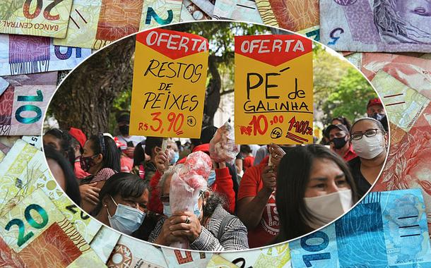 Manifestantes protestam contra a fome no Brasil e uma foto de dinheiro ao fundo