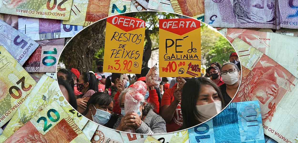 Manifestantes protestam contra a fome no Brasil e uma foto de dinheiro ao fundo