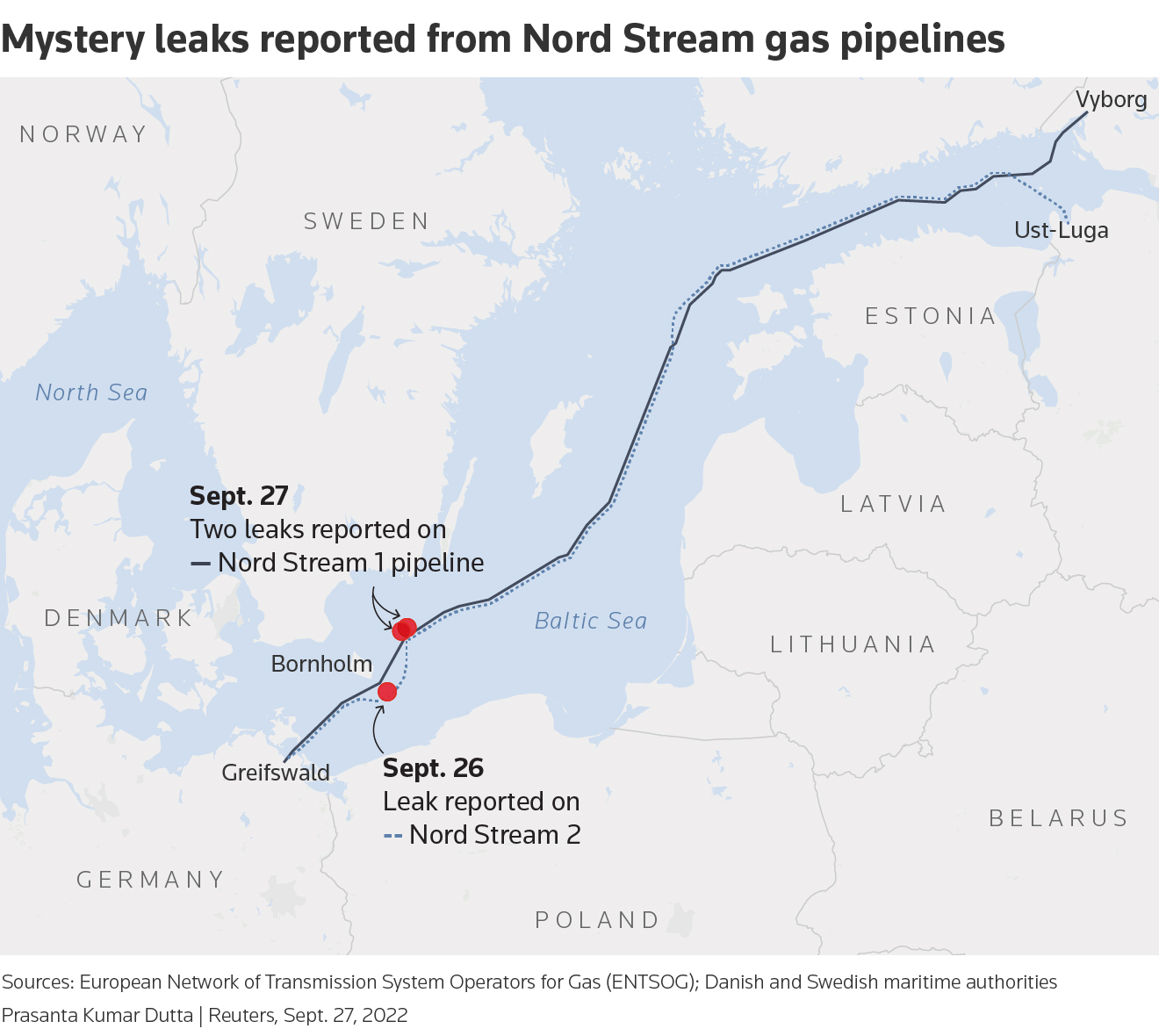 Map of Nord Stream pipelines and reported leak locations.