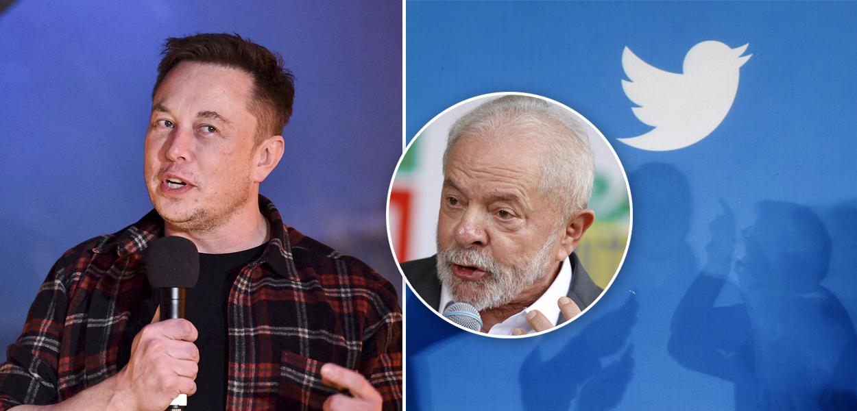 Elon Musk (à esq.), Luiz Inácio Lula da Silva e a marca do Twitter