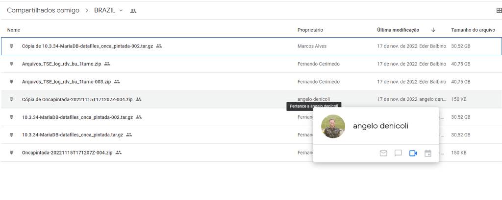Print da pasta de Cerimedo que mostra Angelo Denicoli como proprietário de um dos arquivos