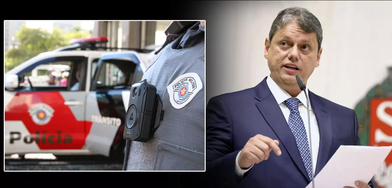 Câmera em uniforme da PM e Tarcísio de Freitas