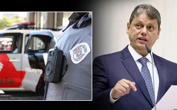 Câmera em uniforme da PM e Tarcísio de Freitas