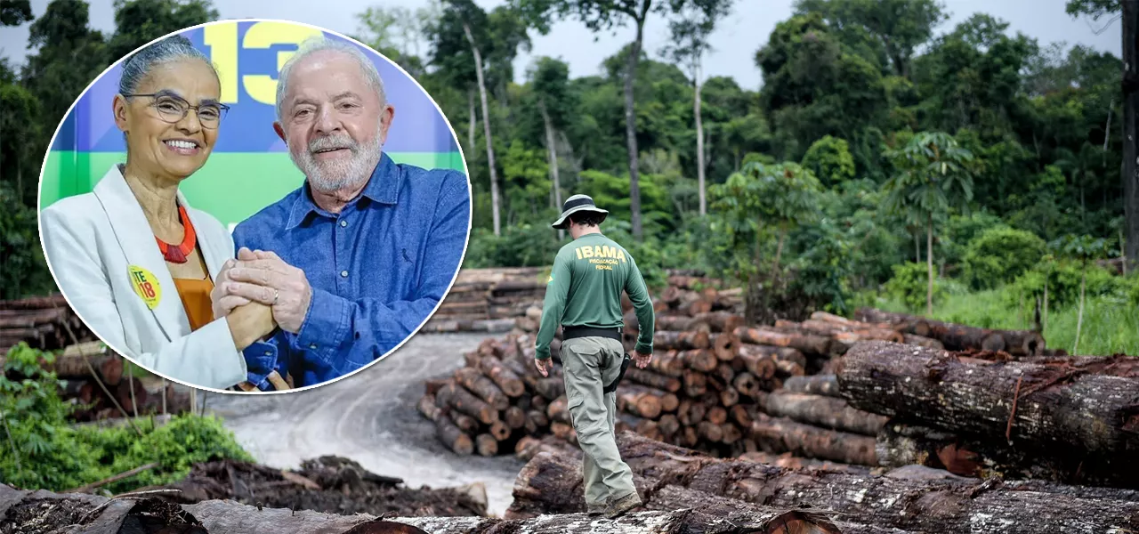 Marina Silva (ministra do Meio Ambiente), o presidente Luiz Inácio Lula da Silva e uma ação policial na Amazônia