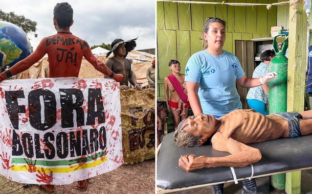 Ato contra Jair Bolsonaro e um indígena Yanomami em Roraima (à dir.) (Foto: Mídia NINJA | Condisi-YY/Divulgação) Ato contra Jair Bolsonaro e um indígena Yanomami em Roraima (à dir.)
