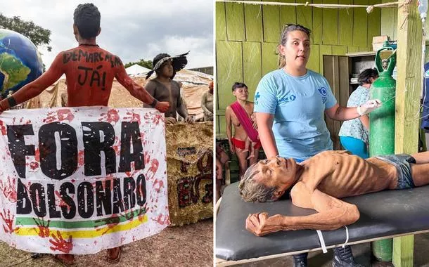 Ato contra Jair Bolsonaro e um indígena Yanomami em Roraima (à dir.)