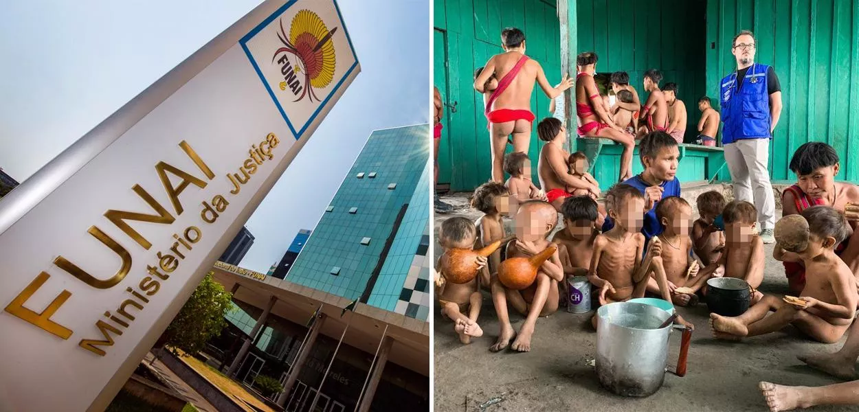 Fachada da Funai e ianomâmis em situação de miséria