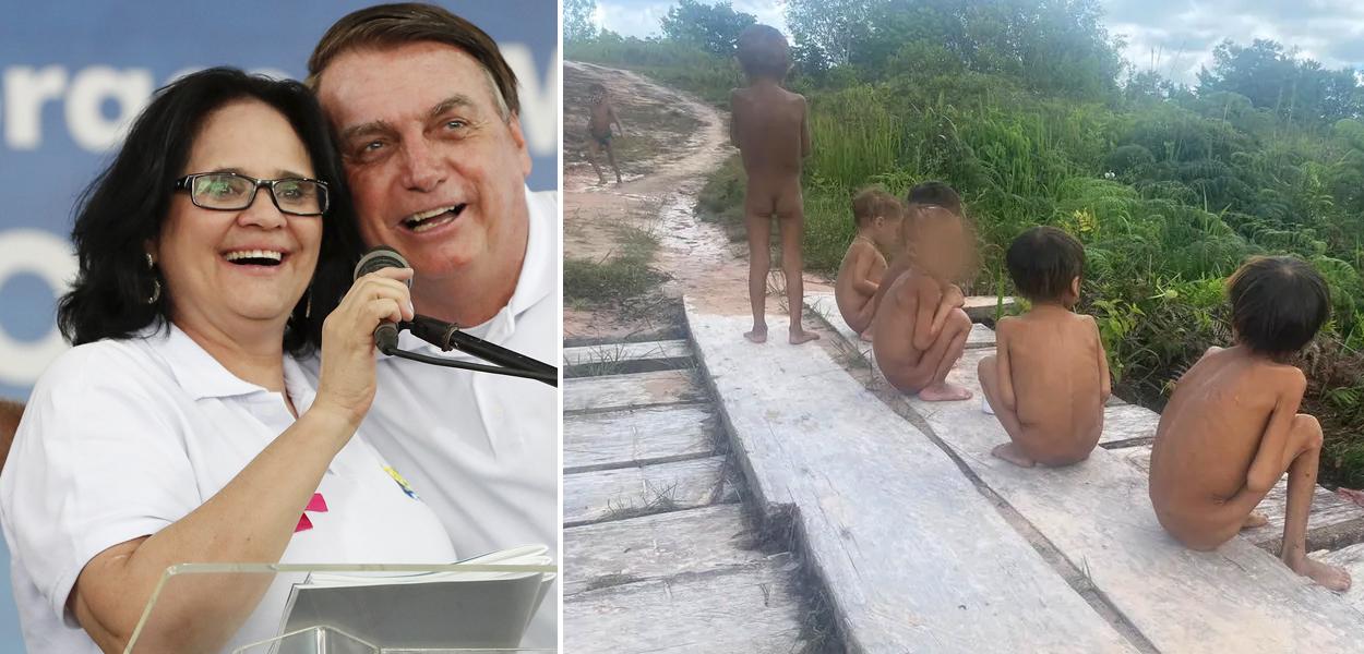 Damares Alves com Bolsonaro e Yanomamis em situação de miséria
