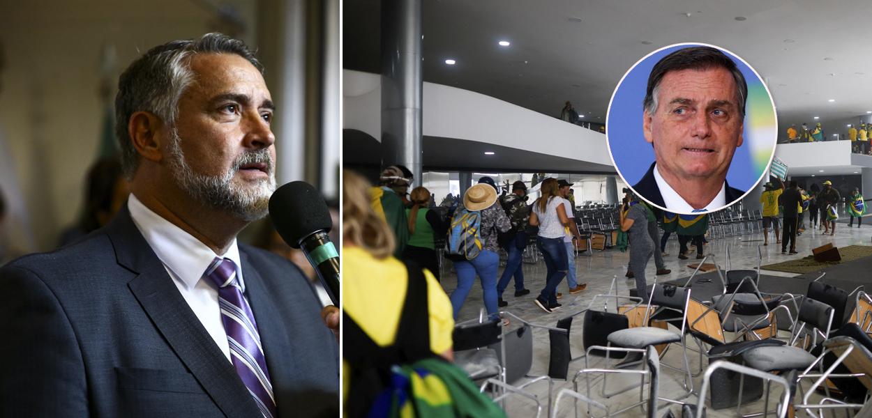 Paulo Pimenta, bolsonaristas radicais invadindo o Palácio do Planalto em 8 de janeiro e Jair Bolsonaro