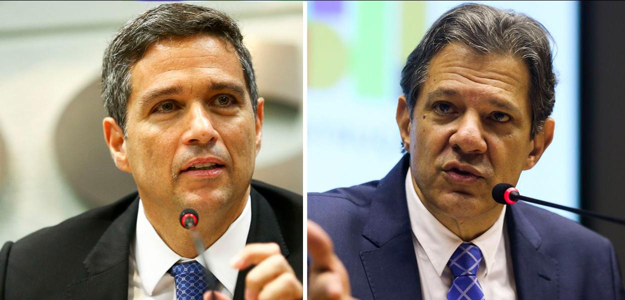 Roberto Campos Neto (à esq.), presidente do Banco Central, onde está o Comitê de Política Monetária (Copom), e o ministro da Fazenda, Fernando Haddad