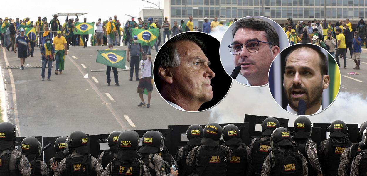 Invasores em Brasília em 8 de janeiro, Jair, Eduardo e Flávio Bolsonaro (Foto: Joedson Alves/Agência Brasil | REUTERS/Marco Bello | Edilson Rodrigues/Agência Senado | Zeca Ribeiro/Câmara dos Deputados) Invasores em Brasília em 8 de janeiro, Jair, Eduardo e Flávio Bolsonaro