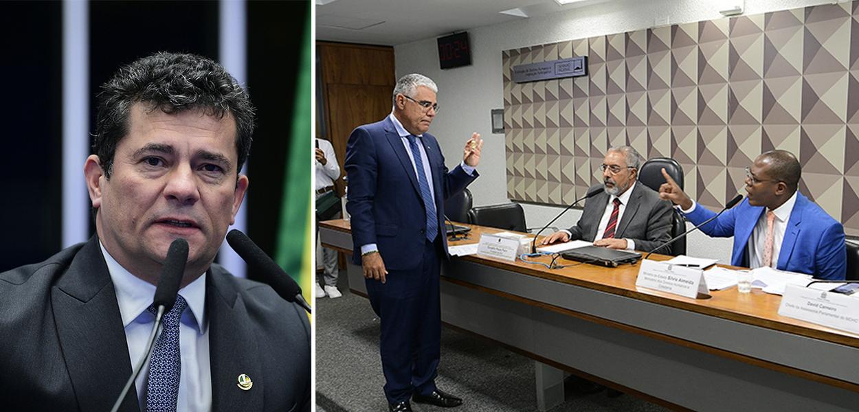 Sergio Moro, Eduardo Girão (em pé), Paulo Paim (terno escuro) e Silvio Luiz de Almeida (terno azul) (Foto: Agência Senado) Sergio Moro, Eduardo Girão (em pé), Paulo Paim (terno escuro) e Silvio Luiz de Almeida (terno azul)