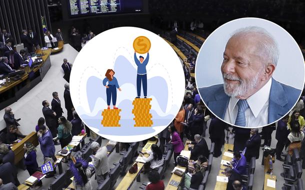 Câmara, homem e mulher retratando desigualdade salarial, e Luiz Inácio Lula da Silva