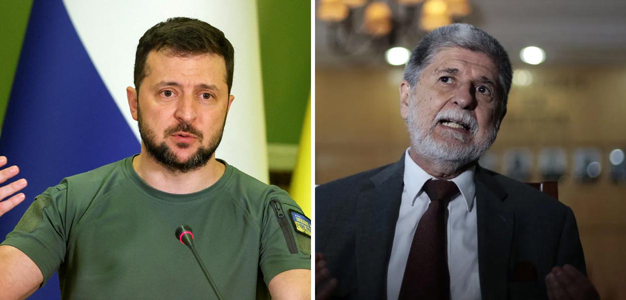 Volodymyr Zelensky (à esq.) e Celso Amorim (Foto: Reuters) Volodymyr Zelensky (à esq.) e Celso Amorim