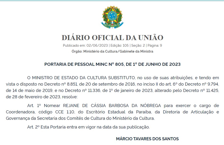Portaria com a nomeação de Rejane Nóbrega