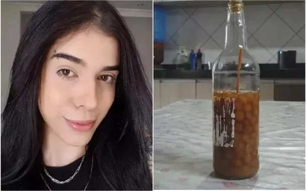 Thais Medeiros (esquerda) e garrafa de pimenta em conserva que ela cheirou Goiás