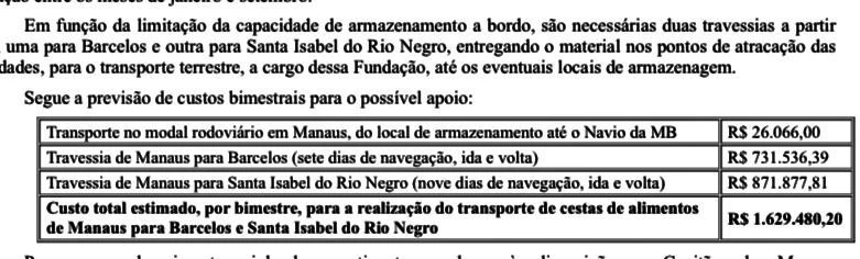 Trecho de documento em que militares especificam o valor e o trajeto do transporte das cestas básicas até o território yanomami