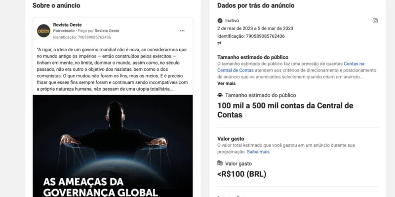 Revista Oeste financiou anúncio no Facebook sobre o aquecimento global