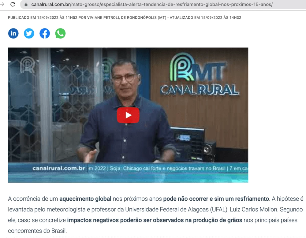 Reportagem publicada no site Canal Rural cita a hipótese de Luiz Carlos Molion sobre o aquecimento global