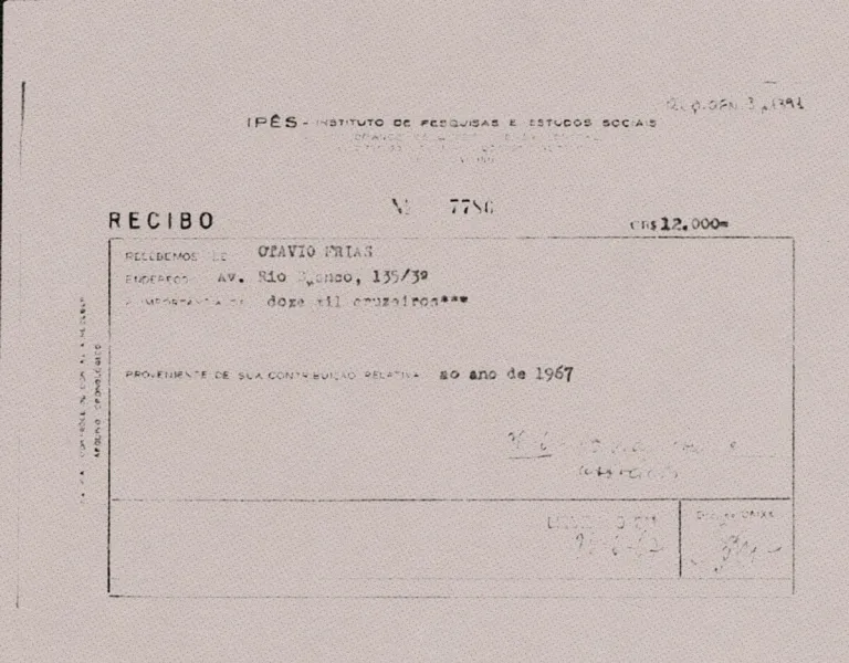 Recibo de contribuição de Frias ao Instituto de Pesquisas e Estudos Sociais (IPES)