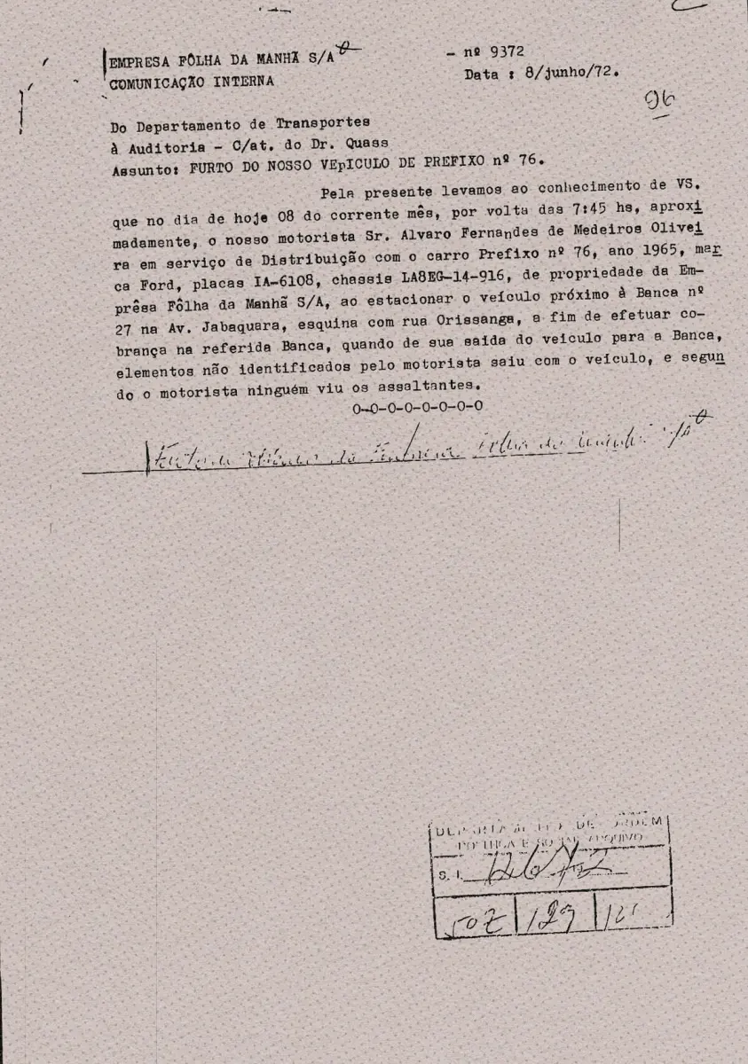 Comunicado interno do jornal sobre o furto de um dos veículos do grupo
