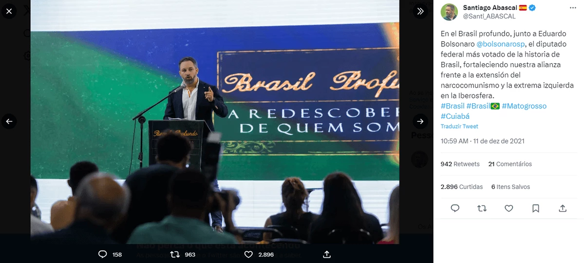 Abascal durante discurso no evento ”Brasil Profundo” em 2021