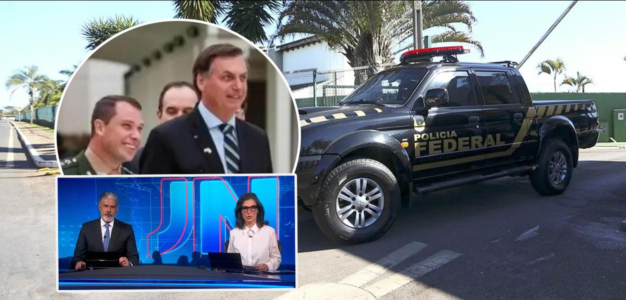 Tenente-coronel Mauro Cid (roupa verde), Jair Bolsonaro (gravata listrada), William Bonner (apresentador do Jornal Nacional) junto com a apresentadora Renata Vasconcellos