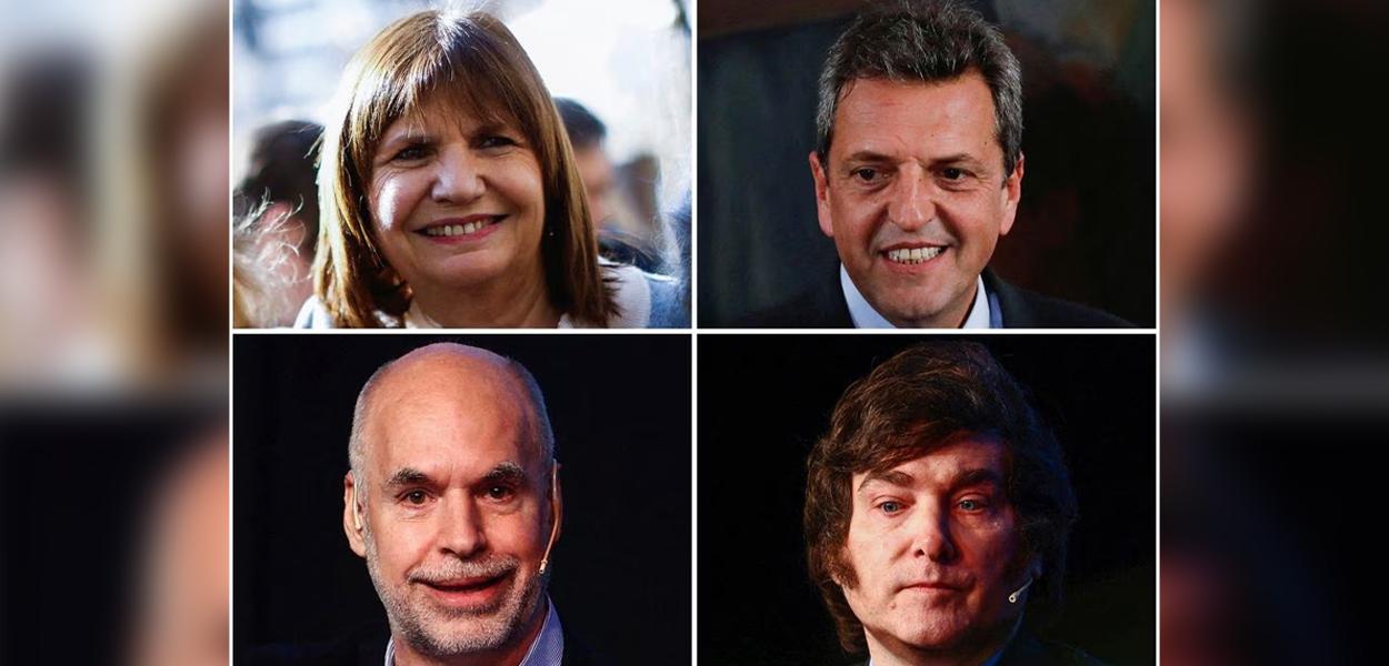Uma foto combinada mostra os pré-candidatos presidenciais argentinos Sergio Massa, Patricia Bullrich, Horacio Rodriguez Larreta e o candidato Javier Milei, em Buenos Aires, Argentina, julho de 2023. (Foto: REUTERS/Agustin Marcarian e Matias Baglietto) Uma foto combinada mostra os pré-candidatos presidenciais argentinos Sergio Massa, Patricia Bullrich, Horacio Rodriguez Larreta e o candidato Javier Milei, em Buenos Aires, Argentina, julho de 2023.