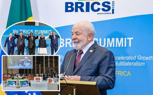 Luiz Inácio Lula da Silva (mais destaque), reunião do Brics e líderes reunidos de mãos dadas - da esq. para a dir.: Lula, Xi Jinping, Cyril Ramaphosa, Narendra Modi e Sergey Lavrov