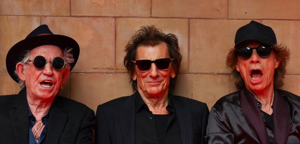Os membros da banda Rolling Stones Mick Jagger, Keith Richards e Ronnie Wood durante apresentação de seu novo álbum "Hackney Diamonds", no teatro Hackney Empire em Londres (Foto: REUTERS/Toby Melville) Os membros da banda Rolling Stones Mick Jagger, Keith Richards e Ronnie Wood durante apresentação de seu novo álbum "Hackney Diamonds", no teatro Hackney Empire em Londres