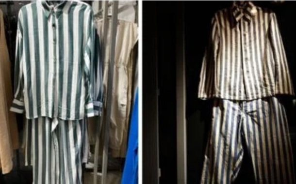 À esquerda roupa exposta na Riachuelo; à direita imagem do Museu do Holocausto