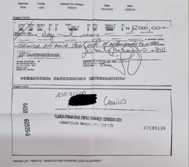 Cópia do cheque depositado na clínica