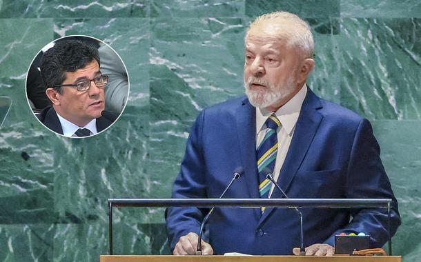 Ex-juiz Sérgio Moro e presidente Luiz Inácio Lula da Silva discursando na 78ª Assembleia Geral da ONU (Foto: Reprodução | Ricardo Stuckert/PR) Ex-juiz Sérgio Moro e presidente Luiz Inácio Lula da Silva discursando na 78ª Assembleia Geral da ONU