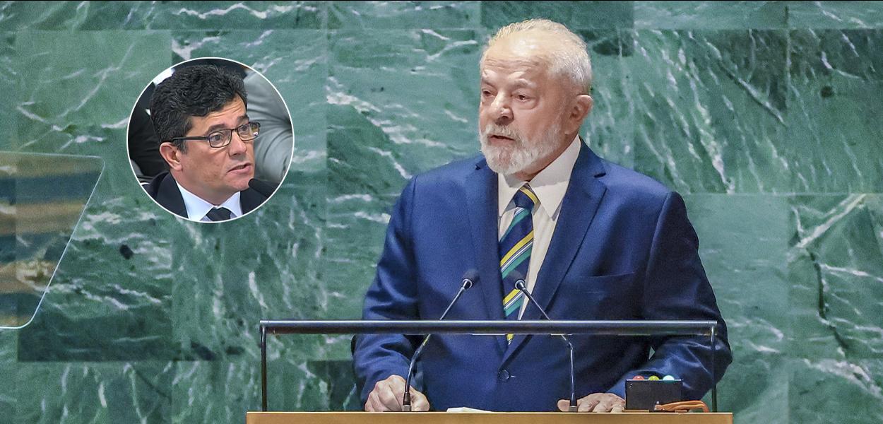 Ex-juiz Sérgio Moro e presidente Luiz Inácio Lula da Silva discursando na 78ª Assembleia Geral da ONU 