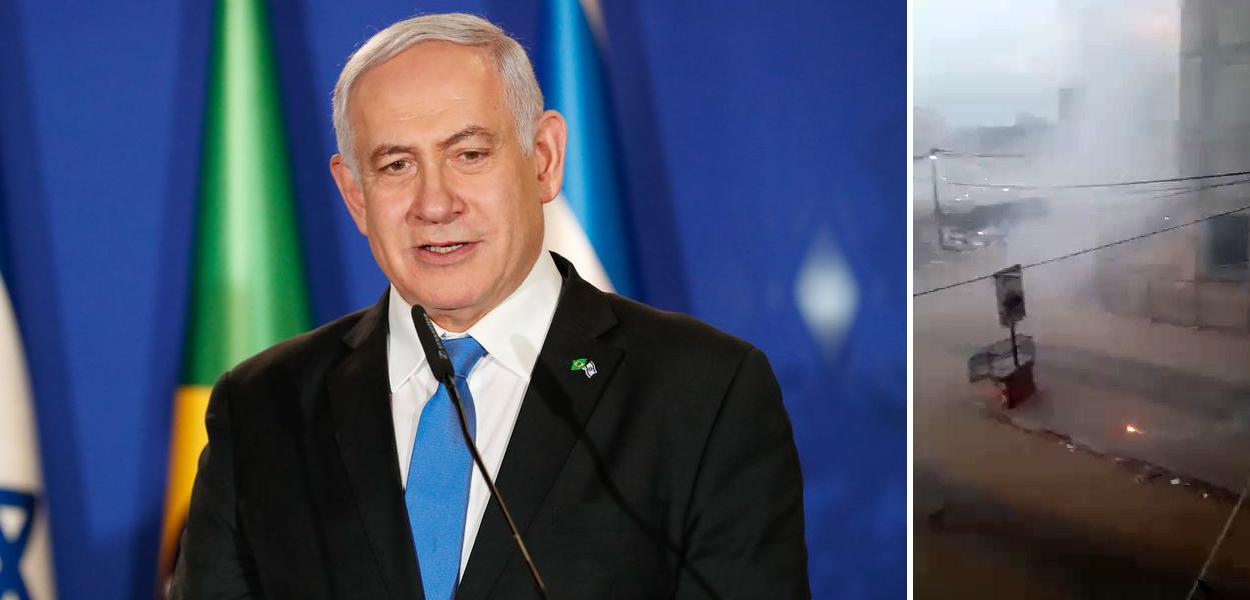 Benjamin Netanyahu e o registro do suposto uso de munição de fósforo branco por Israel (Foto: ABR | Reprodução) Benjamin Netanyahu e o registro do suposto uso de munição de fósforo branco por Israel