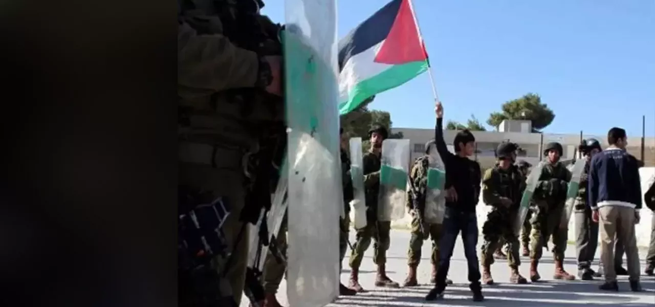 Jovem ergue bandeira da Palestina diante de militares de Israel