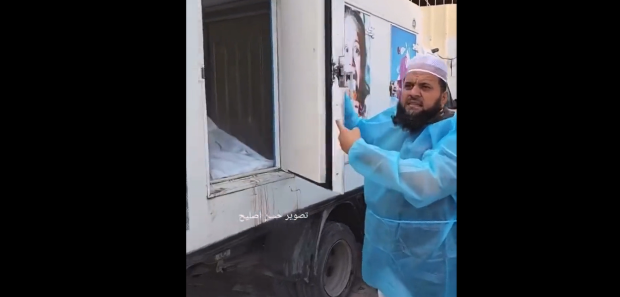 Corpos de palestinos mortos por Israel em Gaza são armazenados em caminhões de sorvete - 14.10.23 (Foto: Reprodução) Corpos de palestinos mortos por Israel em Gaza são armazenados em caminhões de sorvete - 14.10.23